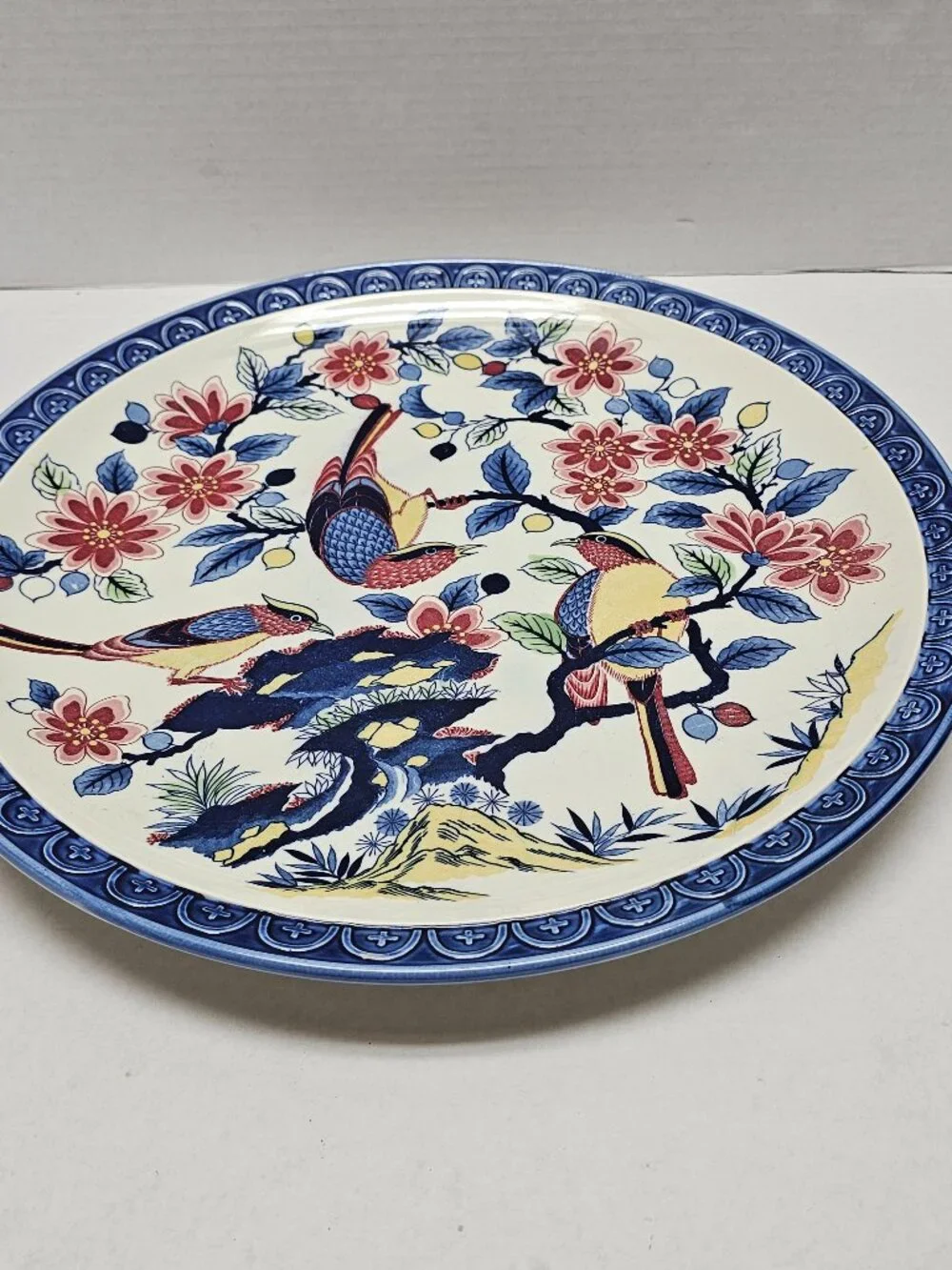 Vintage Asian Hand Painted Ceramic Platter Floral Birds Peacock Plate ~14
